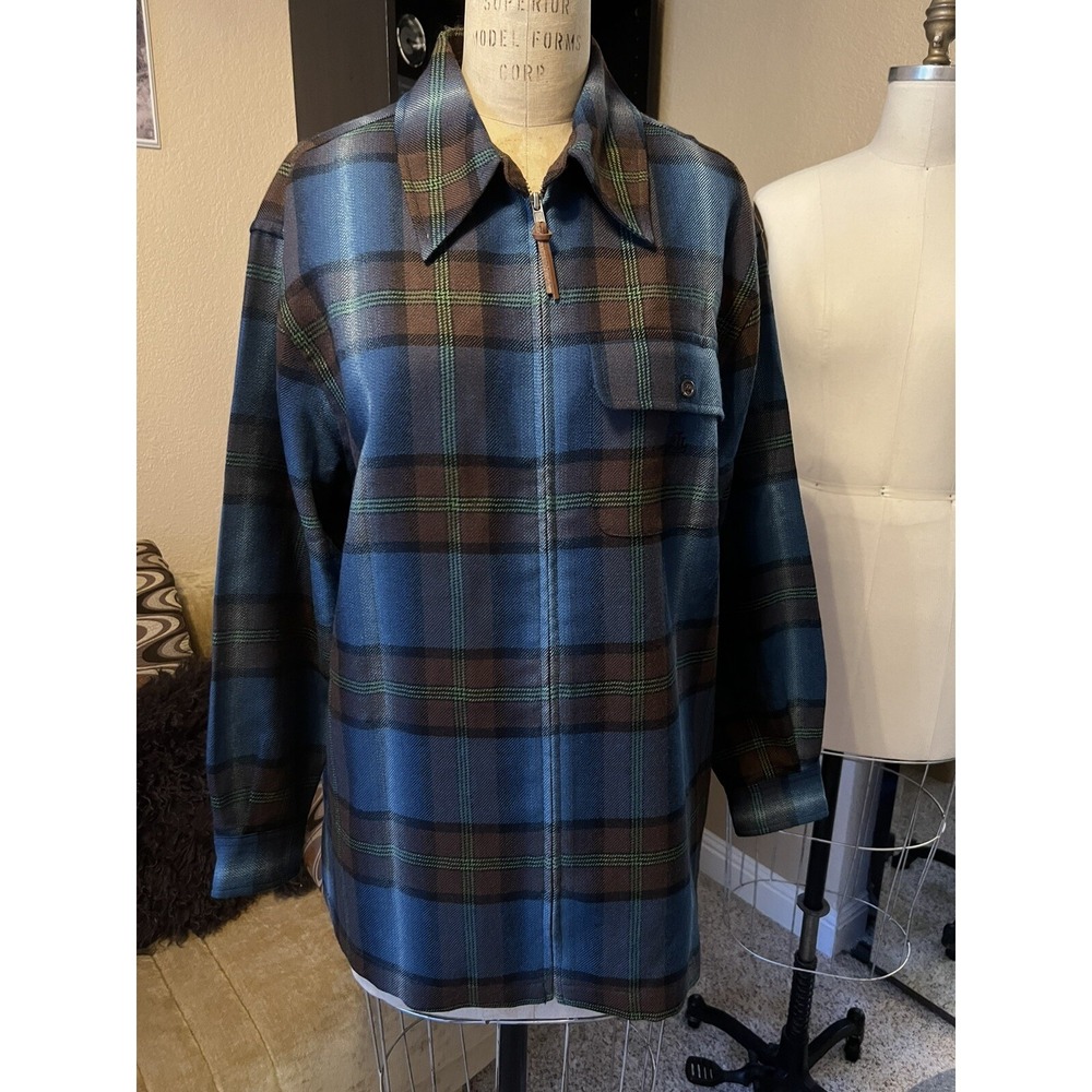 Lauren Ralph Lauren New Zip Up Shirt Womens Sz MP Plaid %100 Wool‎ Leather Patch